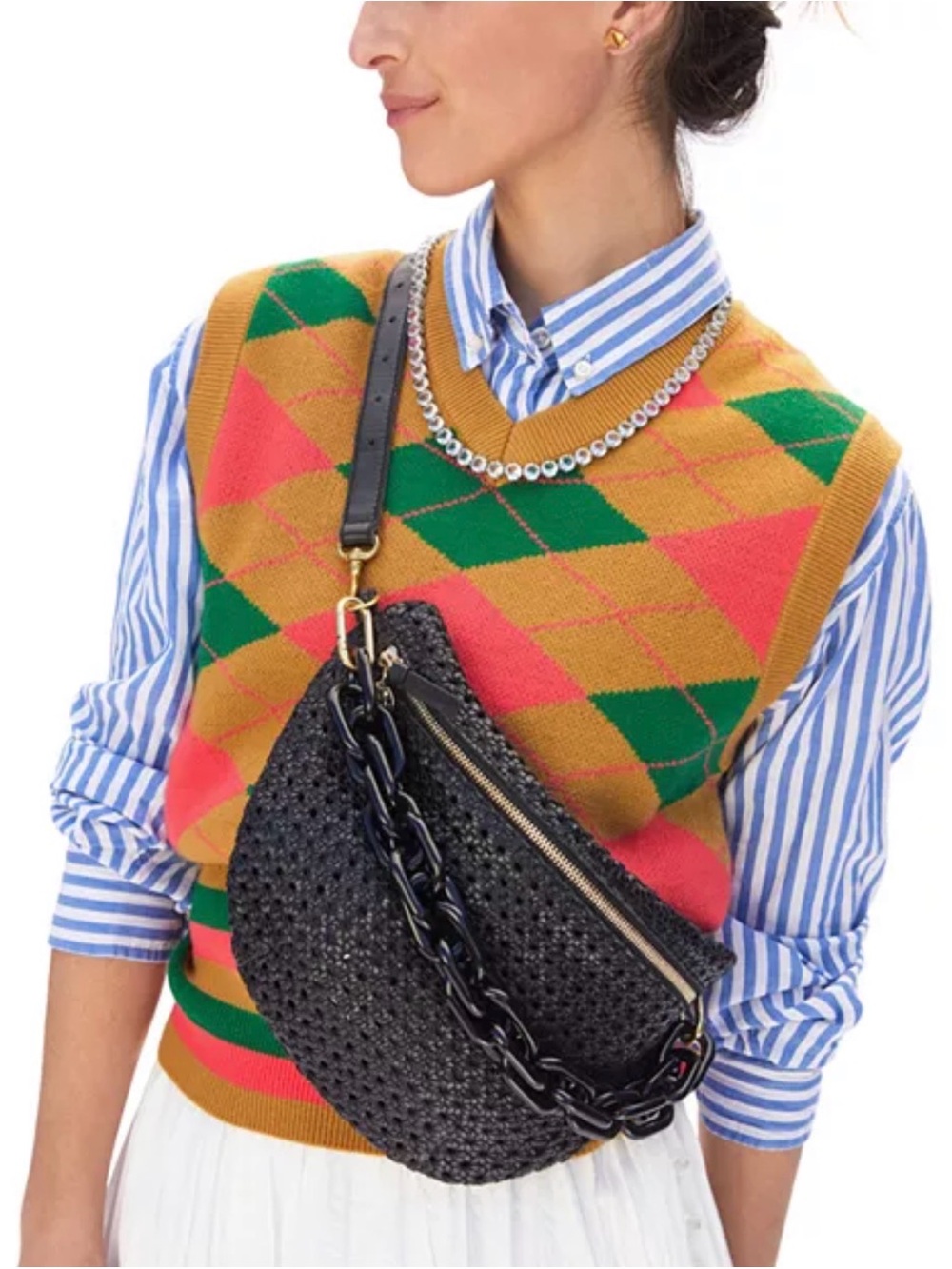 Clare V. Grande Fanny Belt Bag Rattan Leather Black Crossbody